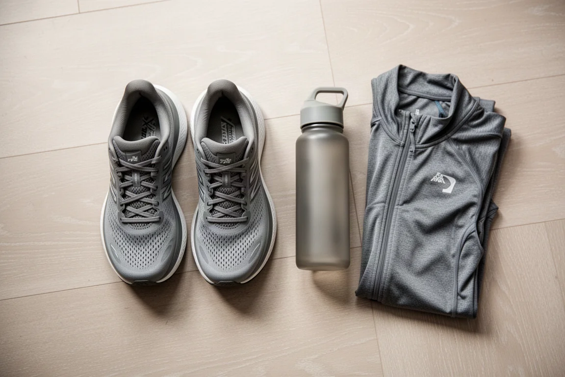 Laufschuhpaar ruht neben einer Wasserflasche nach langem lockeren Lauf