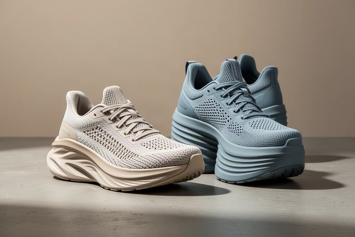 ASICS Superblast 2 and Hoka Skyward X running shoes side by side on concrete