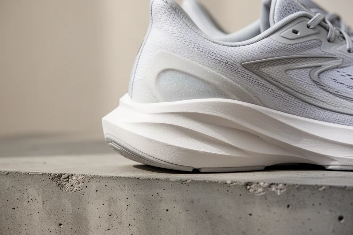 Gros plan sur le talon épais d'une semelle intermédiaire de chaussure de running sculptée sur du béton