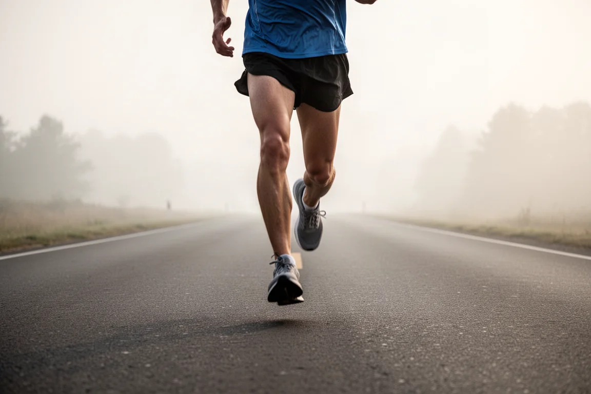 Un coureur foulant une route ouverte, jambes en pleine transition, dans la lumière du matin