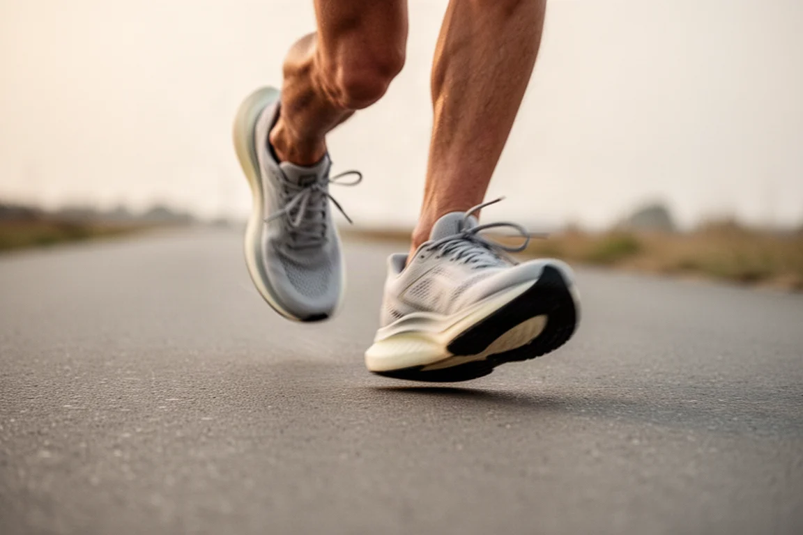 Voeten van een hardloper die in rustig tempo over een glad asfaltpad lopen