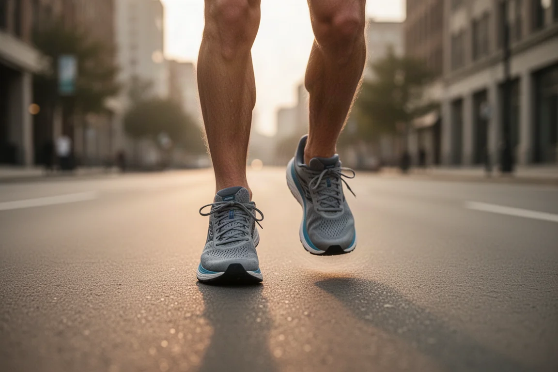 Pés de um corredor tocando o asfalto em uma corrida leve pela manhã