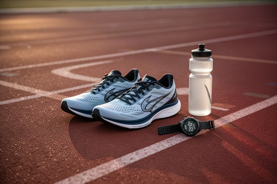 Tênis de corrida em uma pista com equipamento de treino durante um treino de intervalados