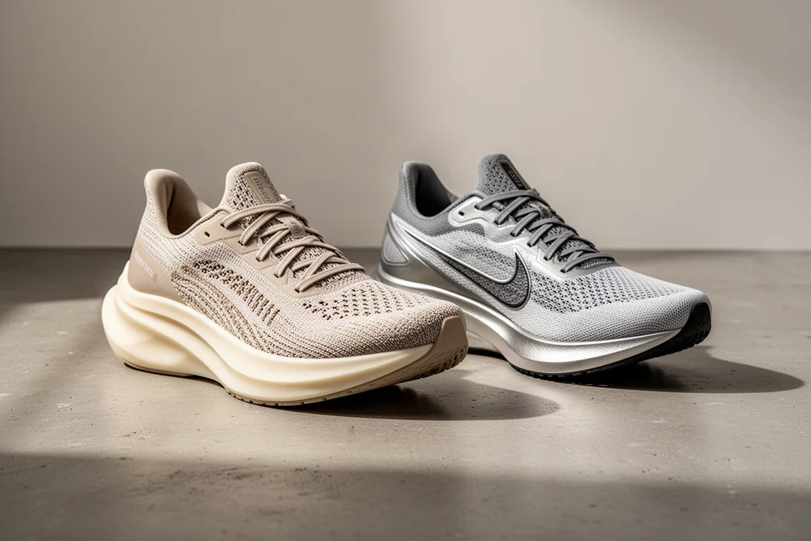 Two premium running shoes side by side on a concrete surface
