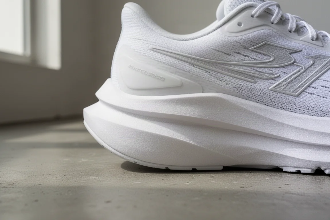 Primer plano de la mediasuela gruesa y blanca de una zapatilla de running que muestra su construcción de espuma en capas