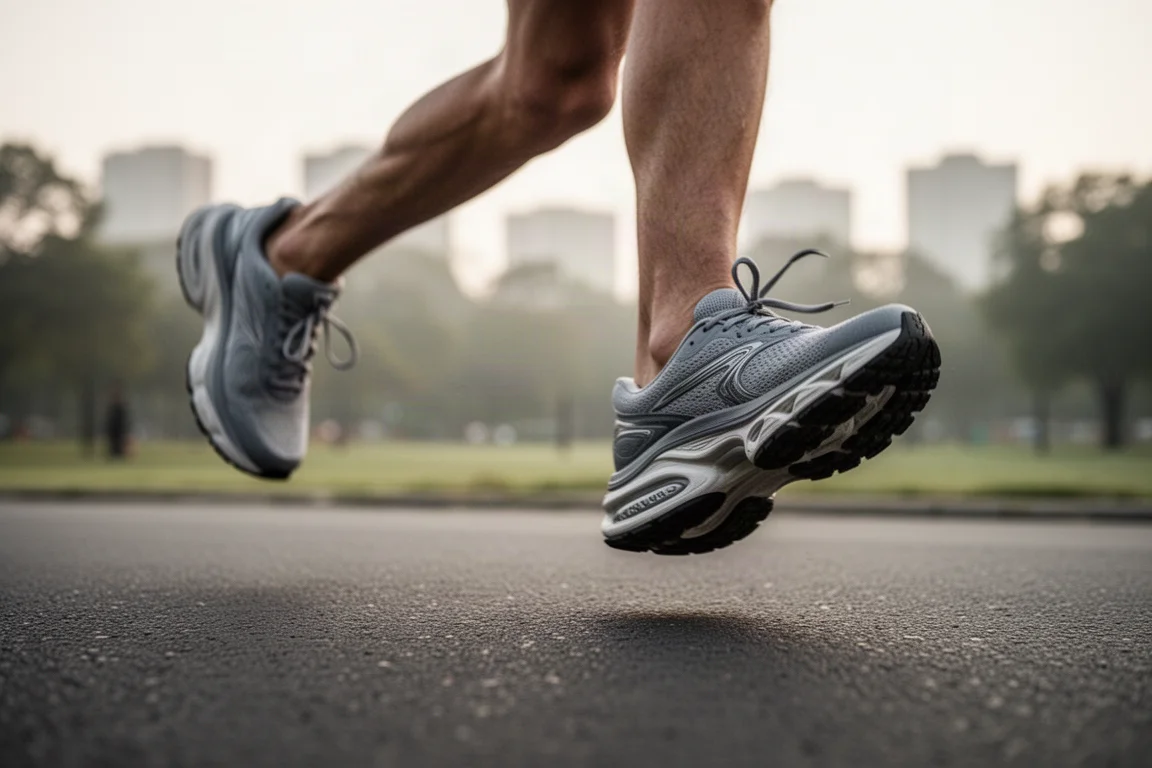 Los pies de un corredor a mitad de zancada sobre asfalto liso durante una carrera suave por la mañana