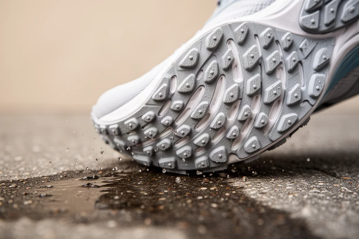 Primer plano de la suela exterior de una zapatilla de running con pequeños tacos que se agarran al pavimento texturizado