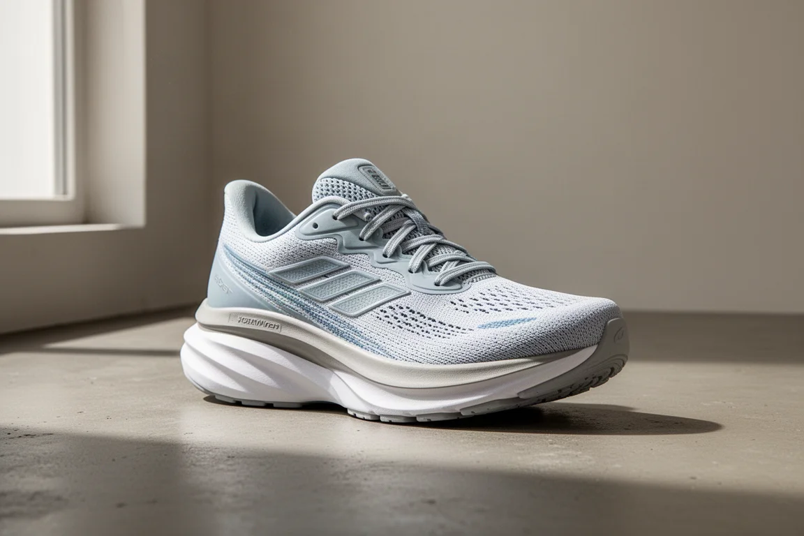 High-stack neutral running shoe on a matte concrete surface in soft light