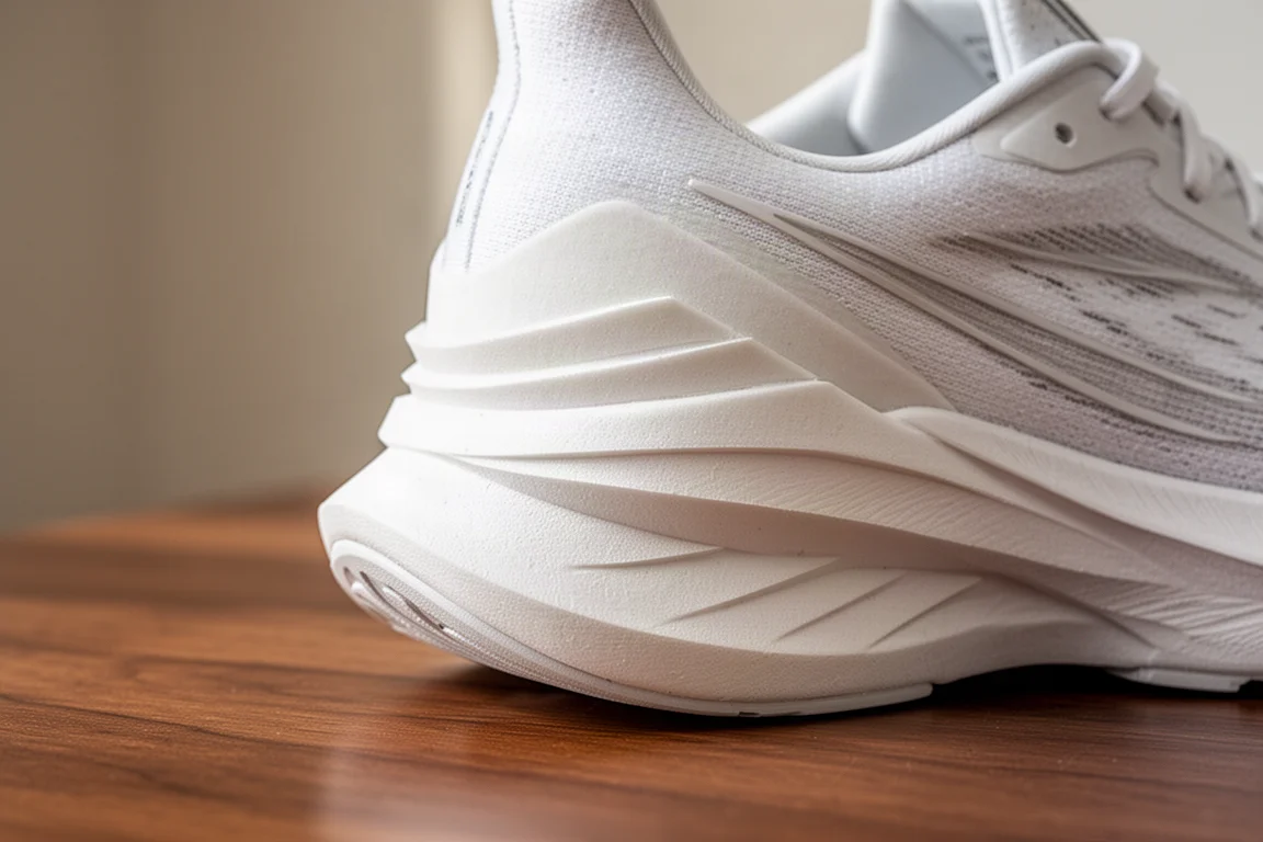 Close-up van de zachte witte tussenzool-stack van een hardloopschoen