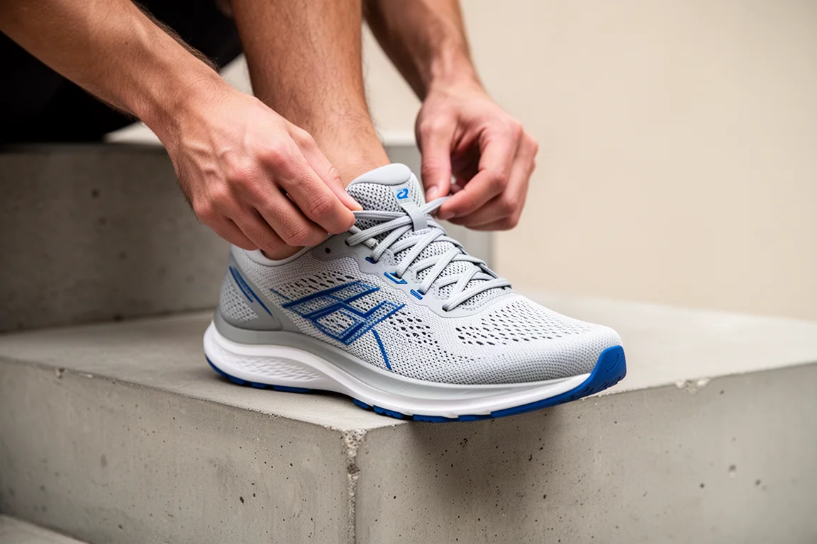 Hardloper die de veters strikt van een mesh hardloopschoen met blauwe accenten
