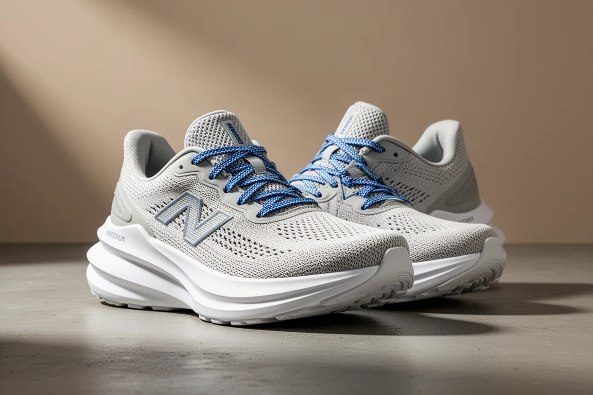 Pair of high-cushion running shoes with white midsoles and blue laces on concrete