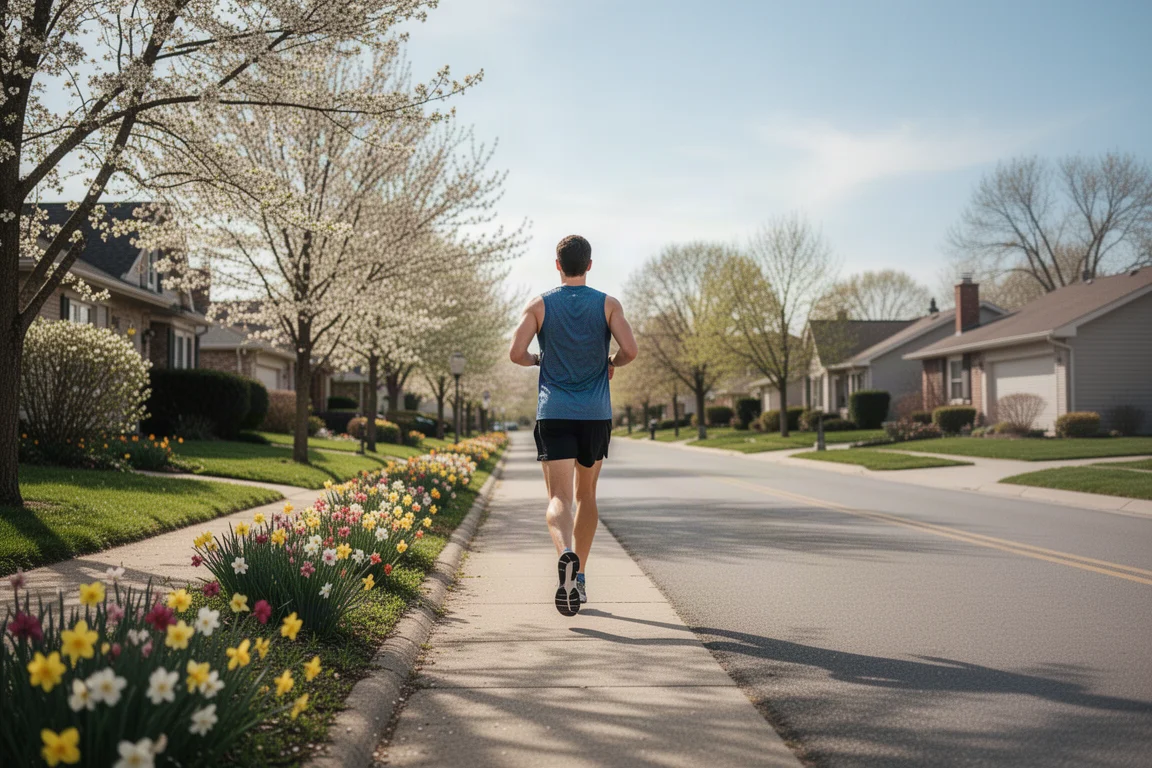 Corridore che cammina su una strada di periferia in primavera, con fioriture fresche e cielo azzurro