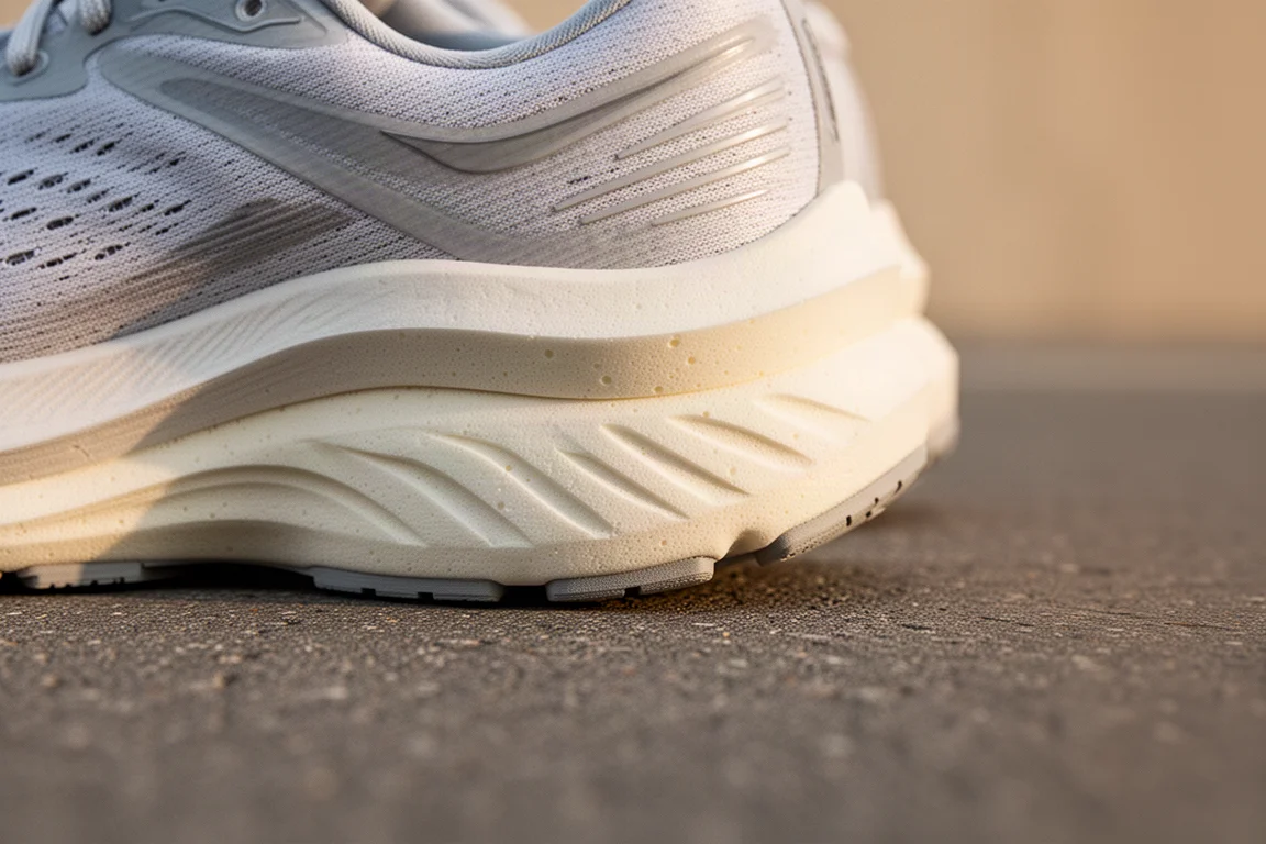 Primo piano dell'intersuola spessa a doppio strato di una scarpa da running sull'asfalto