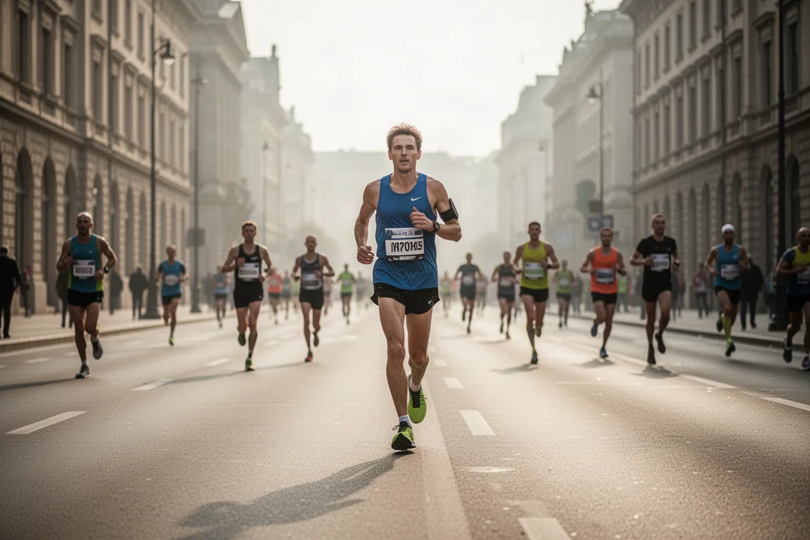 Biegacz poruszający się komfortowym, spokojnym tempem po szerokich, otwartych ulicach miasta podczas maratonu
