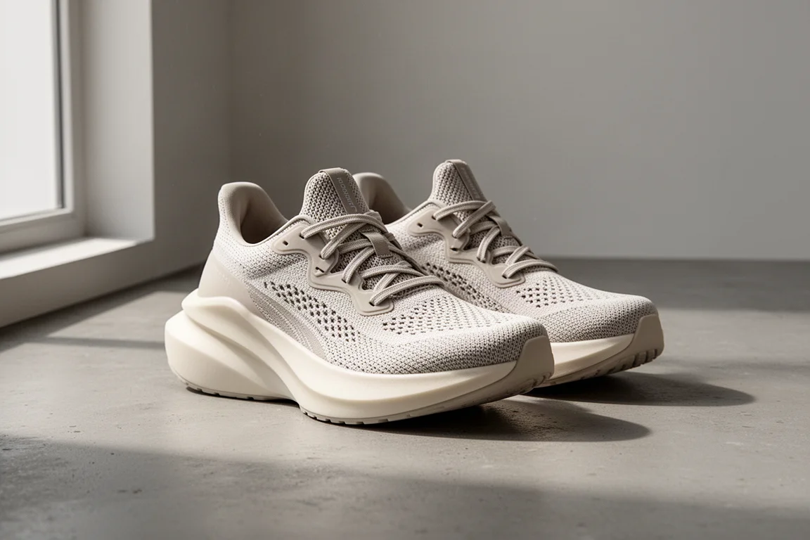 Paar moderne Super-Trainer-Laufschuhe mit dicker Dämpfungsmittelsohle auf Beton