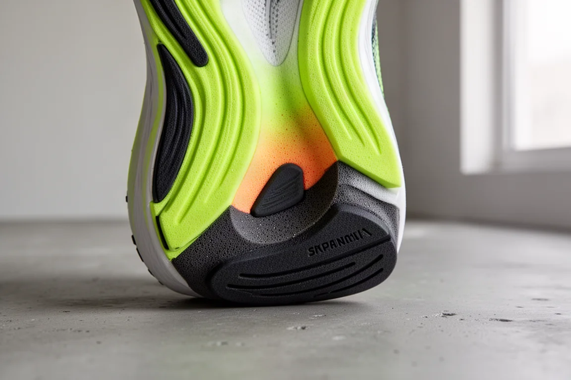 Close-up of a layered running shoe midsole showing a bright top foam layer and darker bottom foam layer