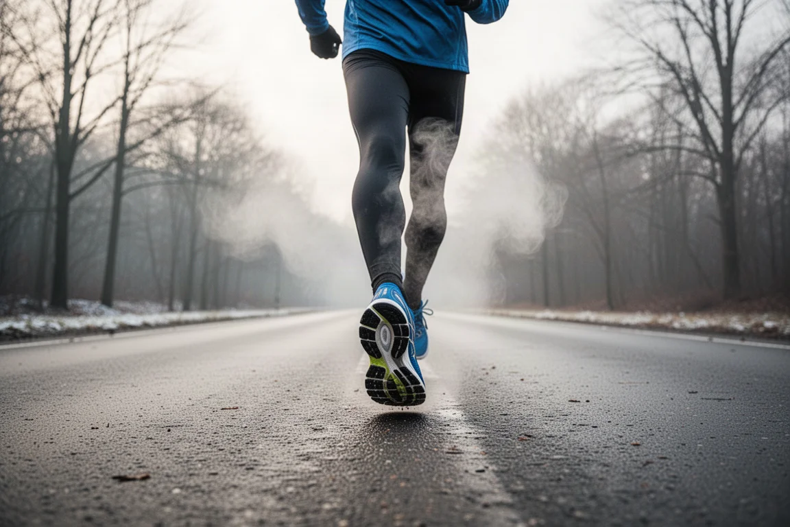 Runner picking up the pace on an open road in soft winter light