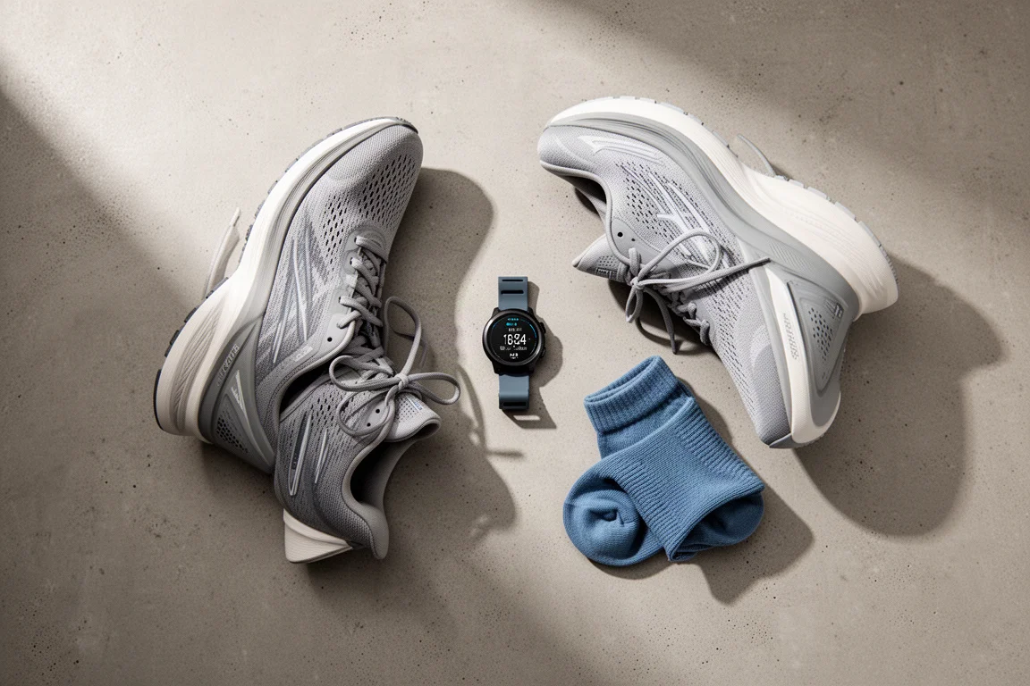 Running shoes and accessories laid out in a flat-lay arrangement on concrete