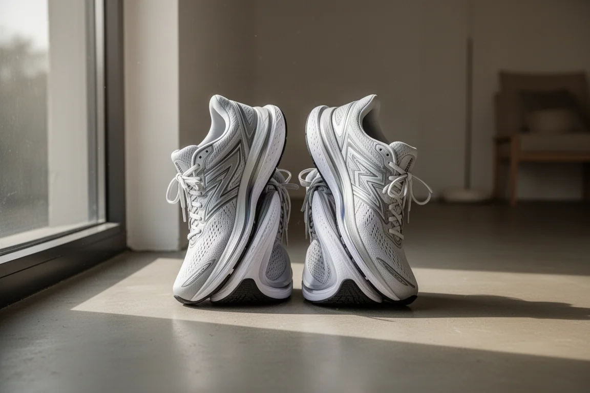 Zwei Premium-Laufschuhe auf einem Betonboden bei weichem Tageslicht