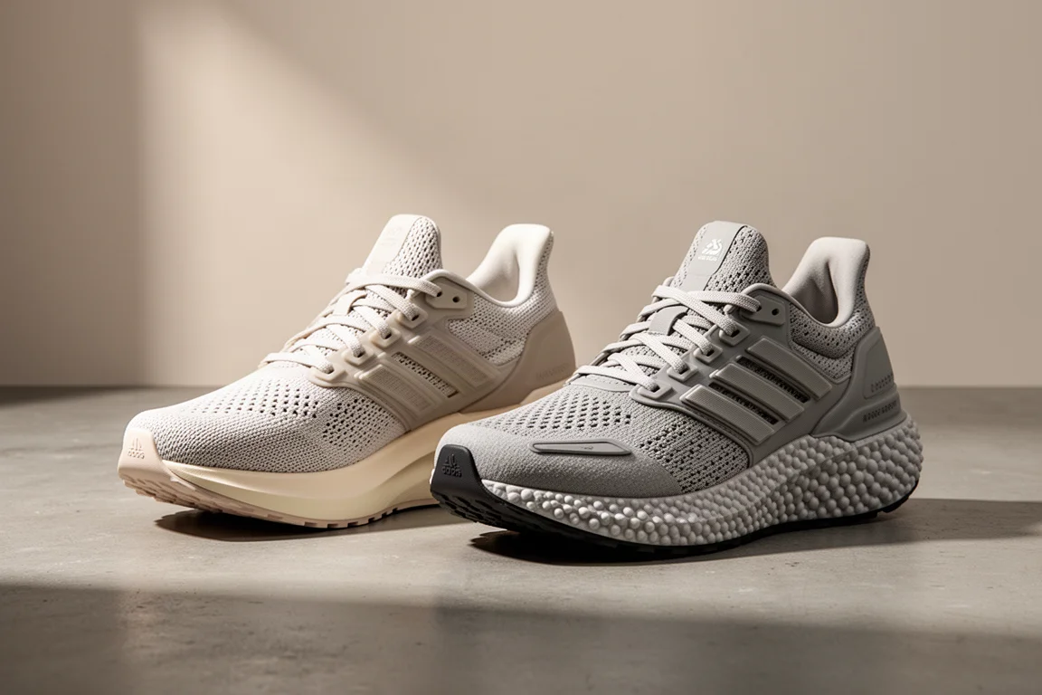 Asics Superblast 3 und Adidas Hyperboost Edge Laufschuhe nebeneinander auf Beton