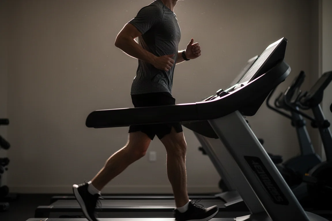 Läufer joggt langsam auf einem Laufband in einem schwach beleuchteten Gym