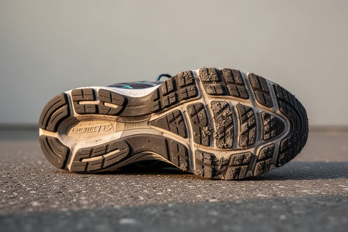 Breite gedämpfte Laufschuh-Außensohle zeigt Abnutzungsmuster auf Asphalt