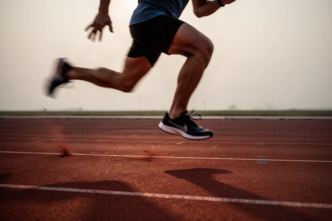 Biegacz sprintujący na bieżni lekkoatletycznej podczas sesji wczesnym wieczorem