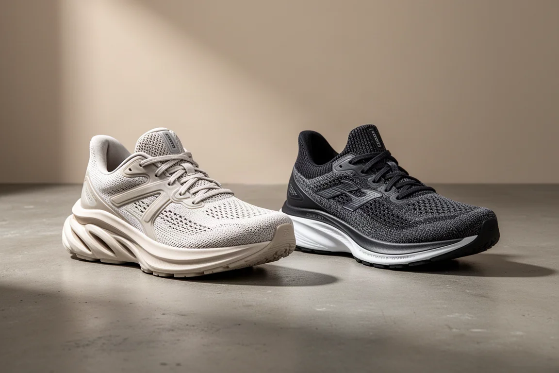 ASICS Superblast 3 und Kiprun Kipsta Tempo Laufschuhe nebeneinander auf Beton