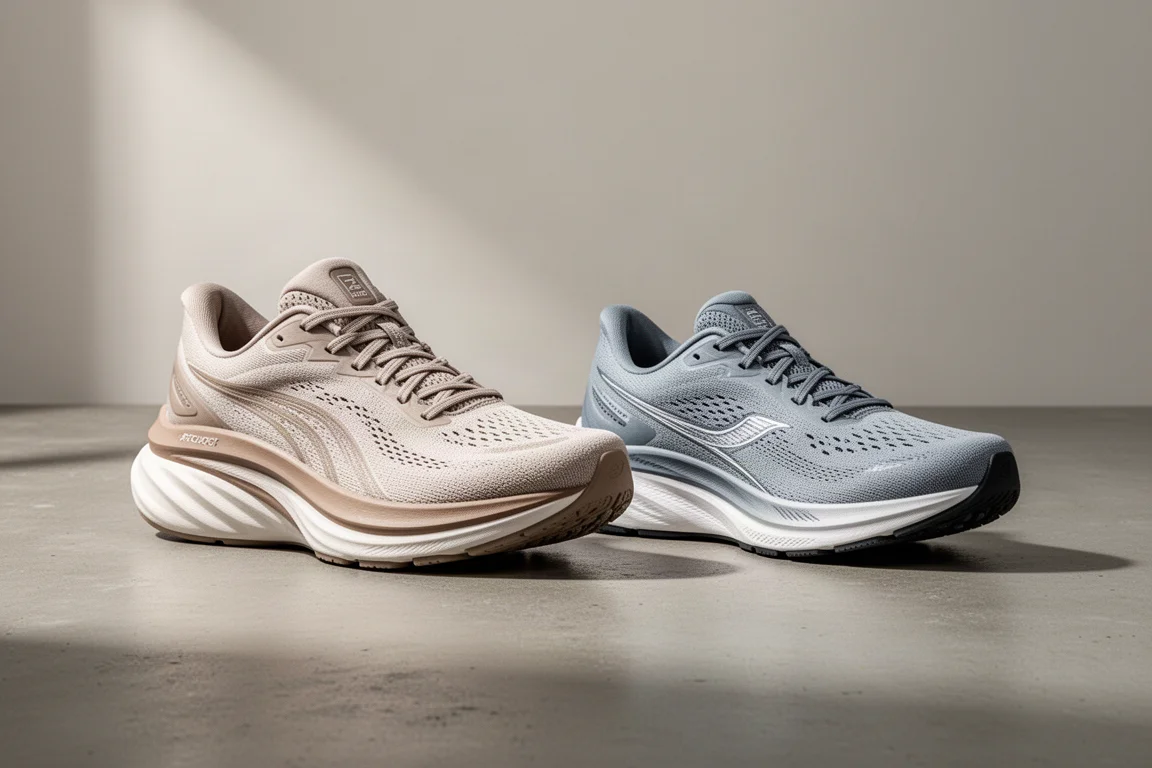 Asics Superblast 3 and Megablast running shoes side by side on concrete