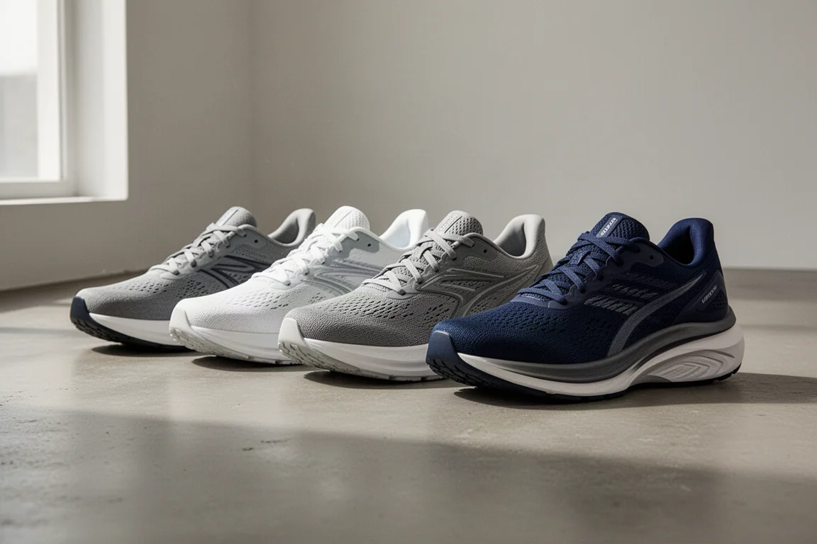 Rangée de cinq chaussures de running max-amorti alignées sur un sol en béton montrant différents épaisseurs de semelle