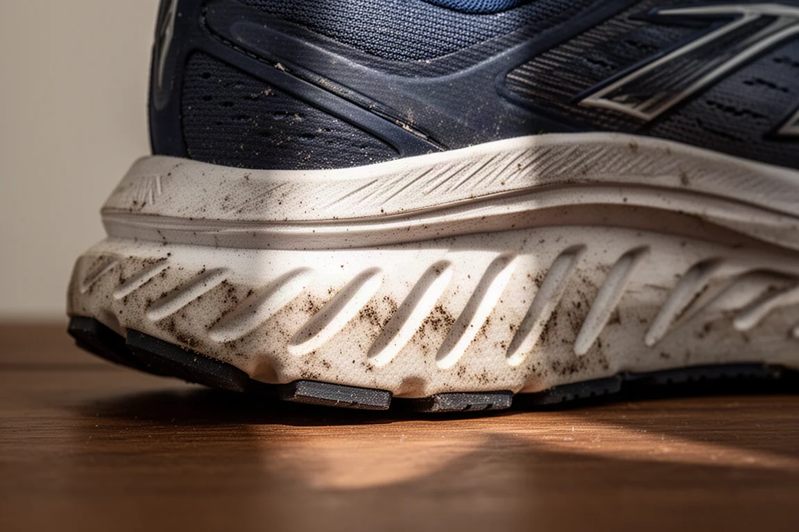 Gros plan sur une semelle intercalaire multicouche de chaussure de running montrant l'empilement de mousse et les rainures de la semelle extérieure
