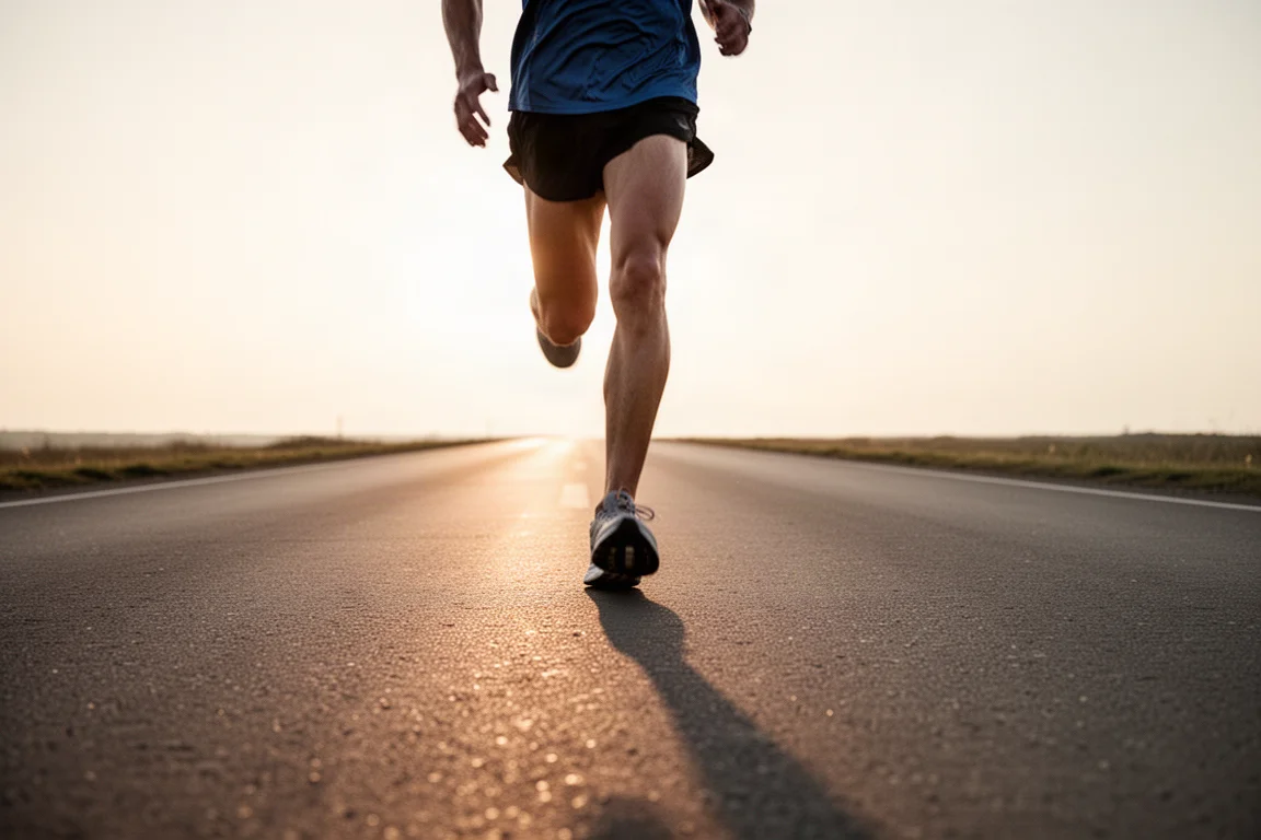 Coureur posant le médio-pied sur du macadam lors d'une sortie facile en matinée