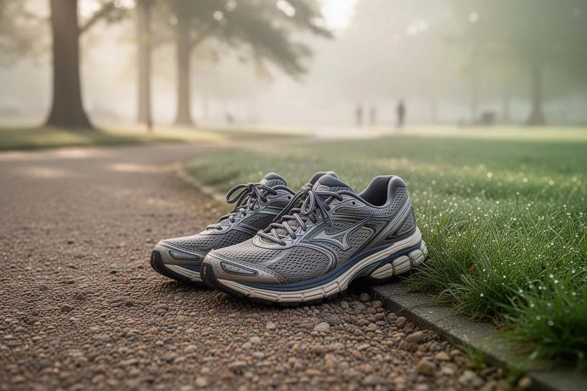 Chaussures de running posées à côté d'une allée de parc après une longue sortie facile