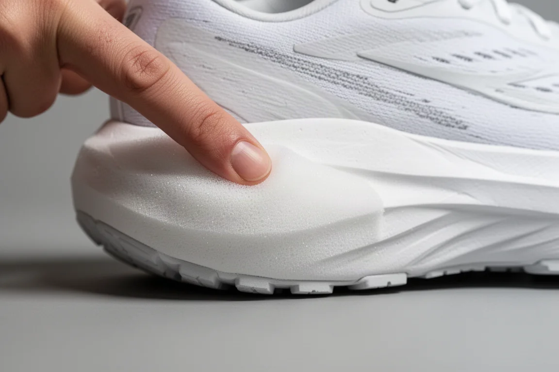 Close-up van dikke witte tussenzool van een hardloopschoen, ingedrukt door een duim