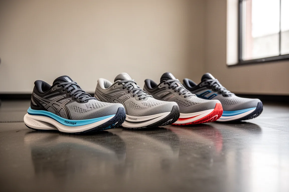Vier hardloopschoenen naast elkaar op een sportschoolvloer