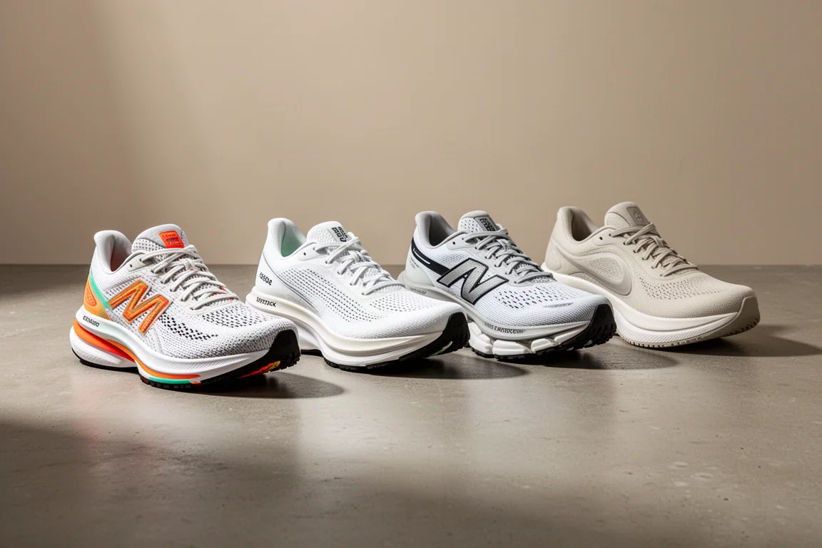Vier Laufschuhe mit hoher Sohle stehen nebeneinander auf einer Betonoberfläche