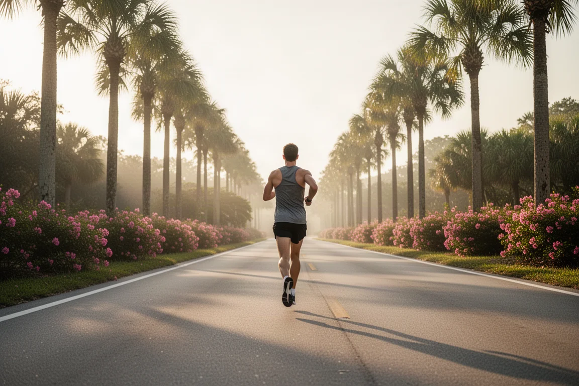 Runner setting out on a sunny palm-lined Florida road in the early morning