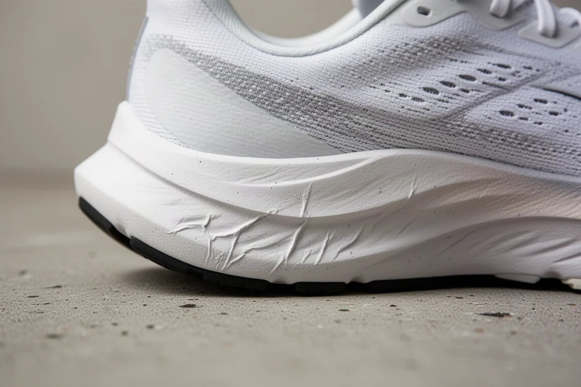 Close-up of midsole foam showing early creasing after break-in miles