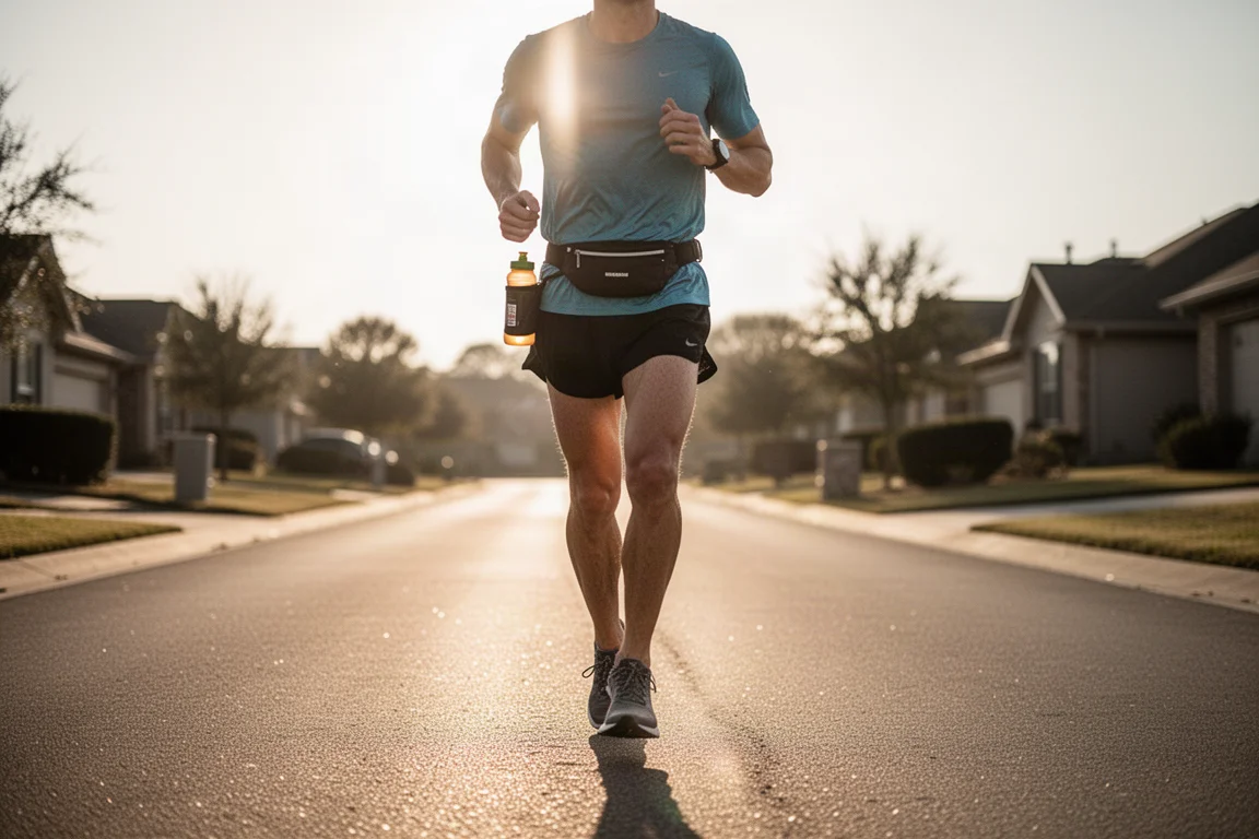 Runners finishing a hot afternoon run under bright sun