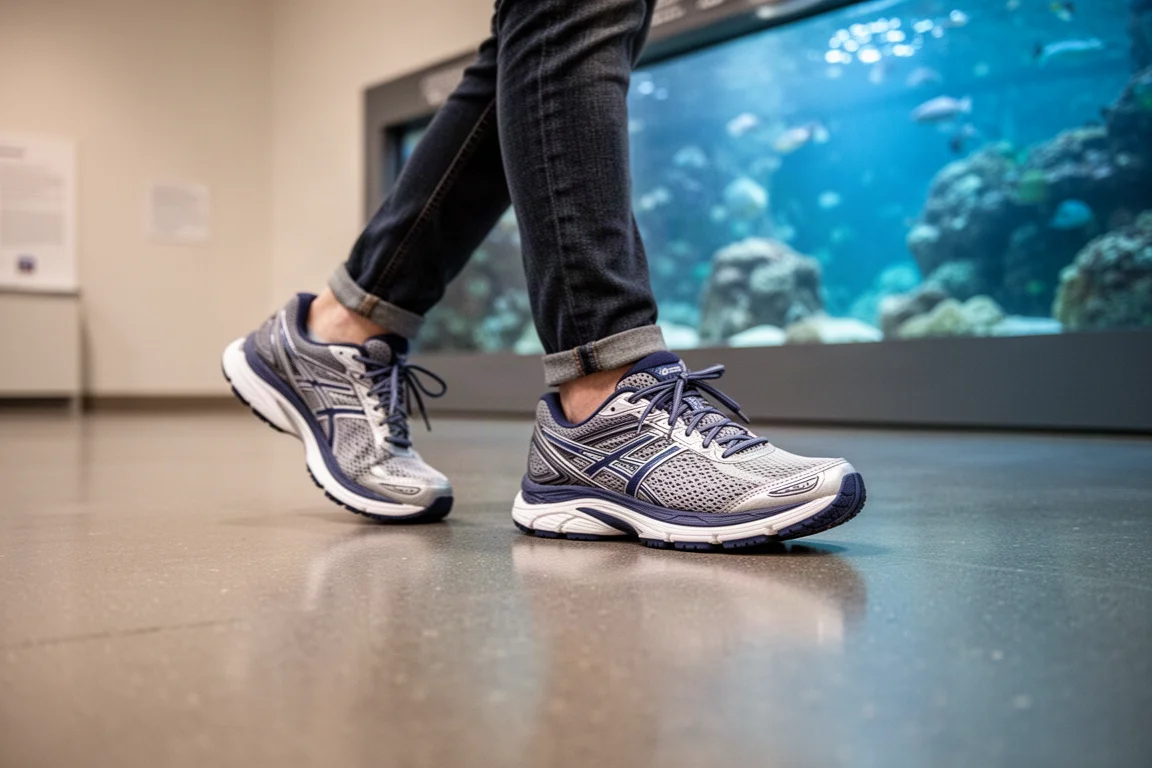 Running shoe worn casually while walking through a marine exhibit