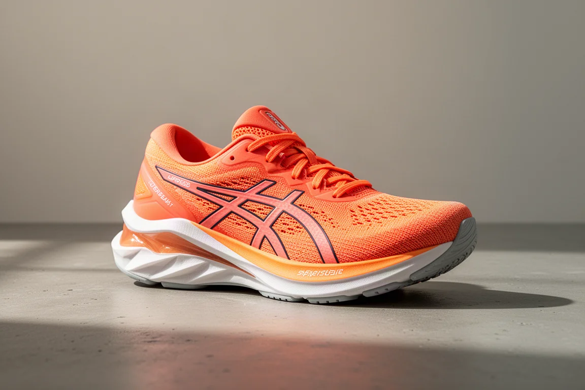 ASICS Superblast running shoe with tall foam midsole on concrete surface