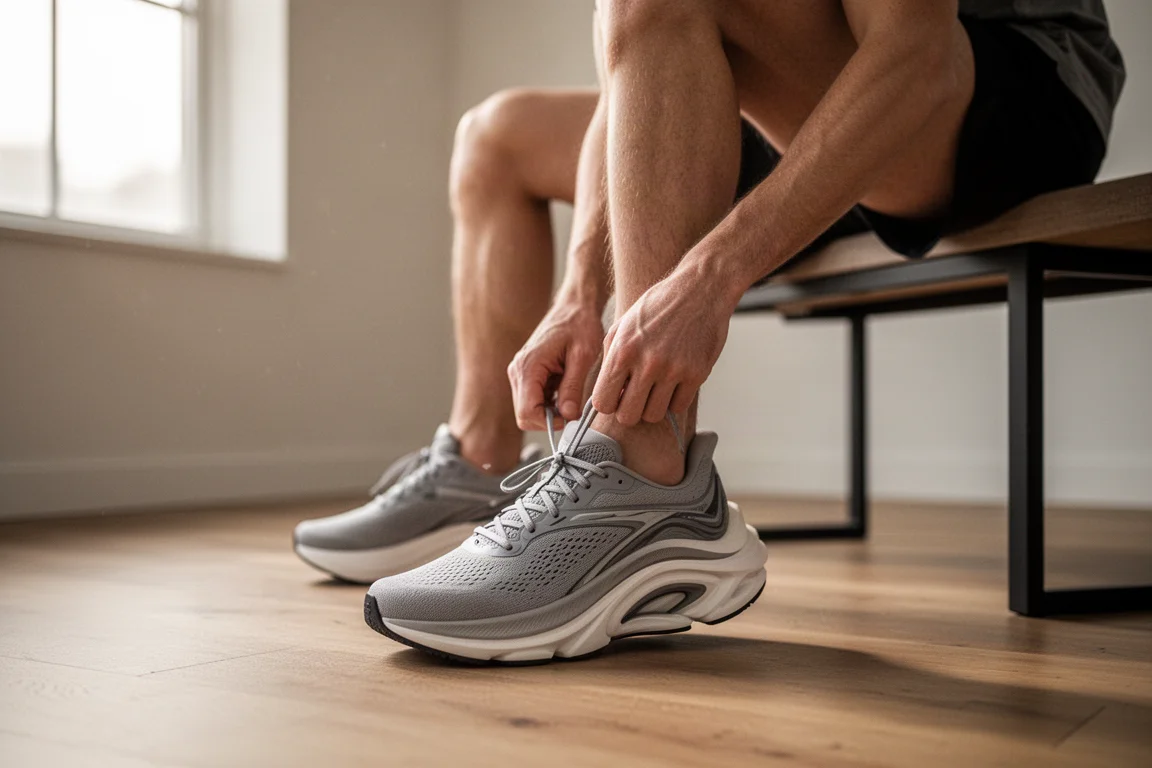 Läufer schnürt auf einem Holzfußboden einen Laufschuh mit hohem Stack vor dem Lauf
