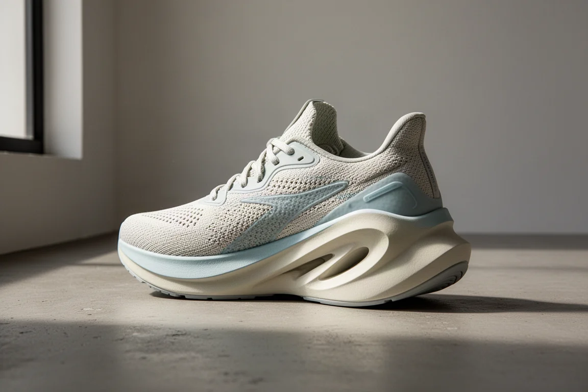 Asics SuperBlast running shoe with tall sculpted midsole on concrete surface