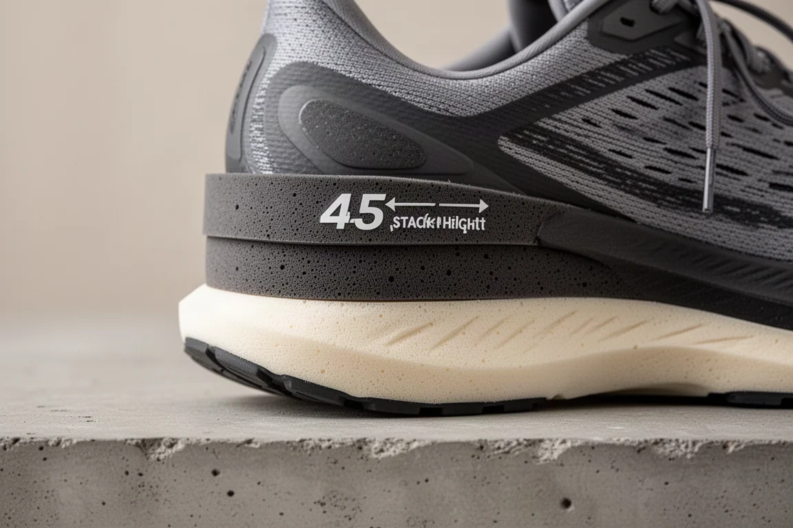 Scarpa da running ad alta ammortizzazione su superficie in cemento con luce morbida