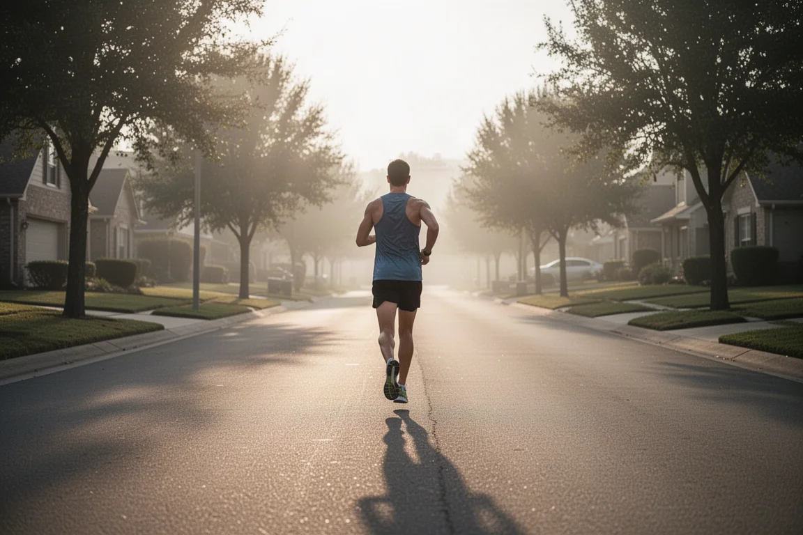 Runner con andatura rilassata e costante su un sentiero asfaltato tranquillo