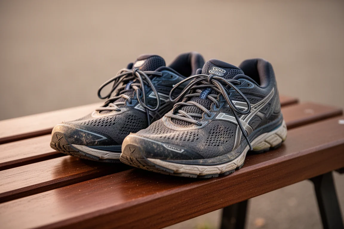 Disposizione in orizzontale di attrezzatura da running e una scarpa su pavimento in legno