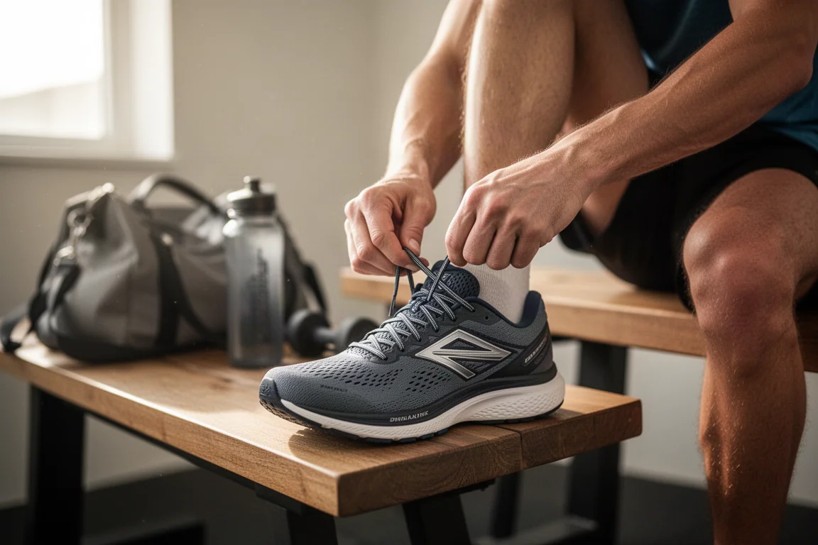 Runner lacing up high-stack running shoes in soft morning light