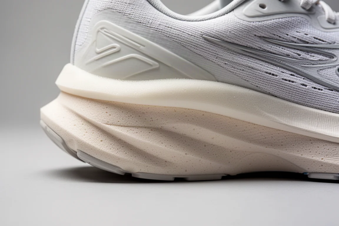 Close-up of thick cushioned midsole foam on a running shoe