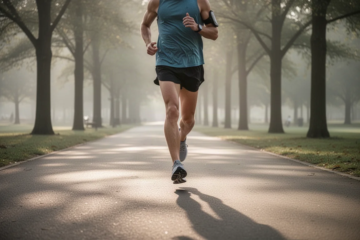 Runner cruising along a quiet park path at an easy pace