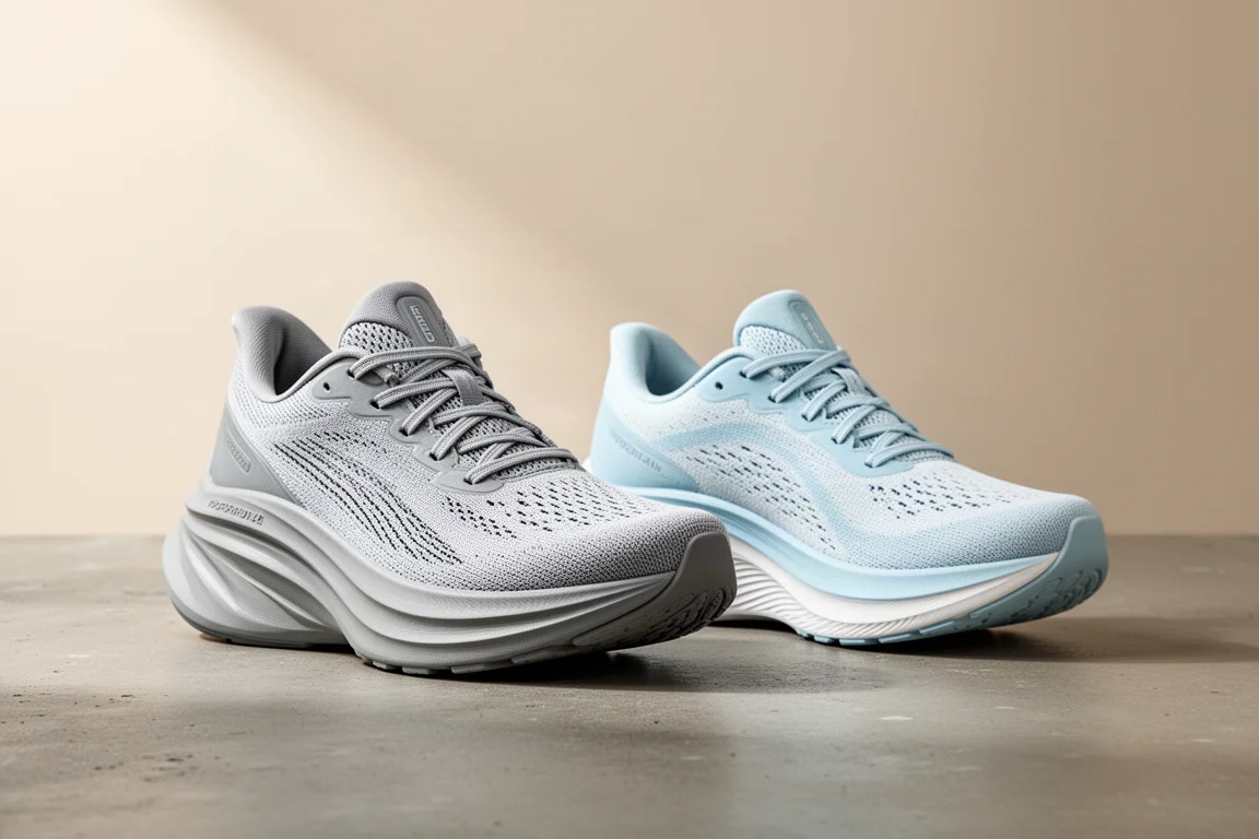 Asics Superblast and Hoka Mach X running shoes side by side on concrete